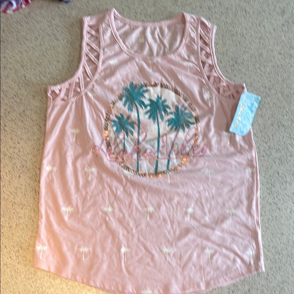 Pink Sleeveless Top with Palm Tree Design